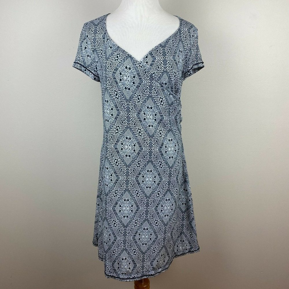 Prana Victoria Faux Wrap Dress M Black White Geometric V-Neck Short Slee…
